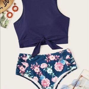 Knot Hem Top With Random Floral Bikini Set